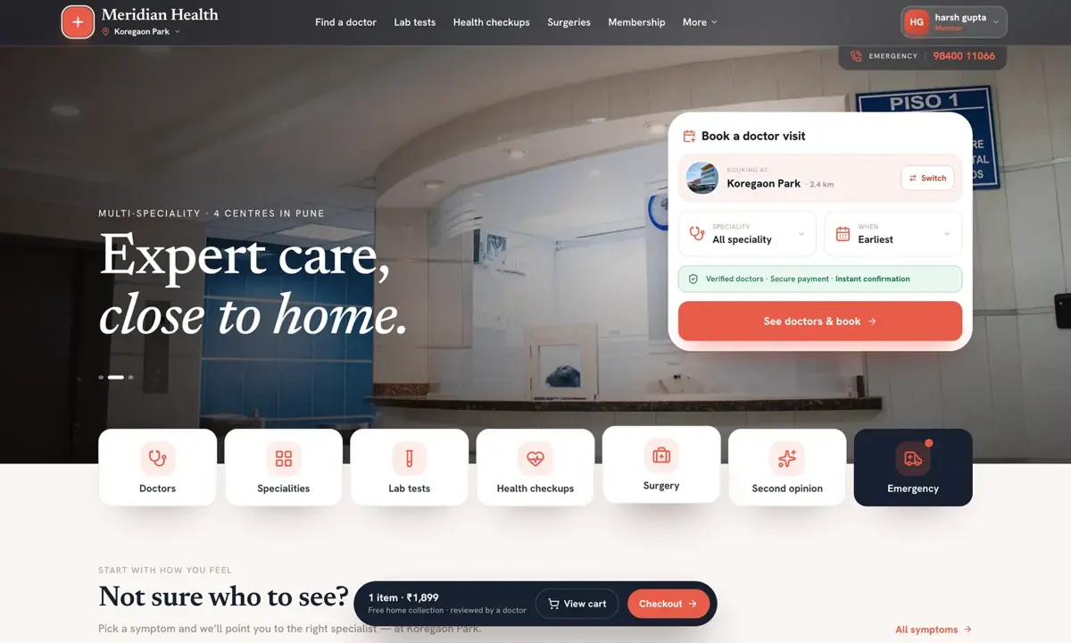 Demo hospital home page with doctor search, departments and booking on the hospital's own brand