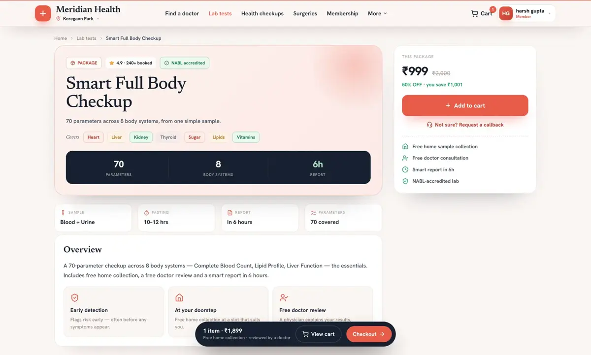 Full body checkup package page with included tests, price and a booking button