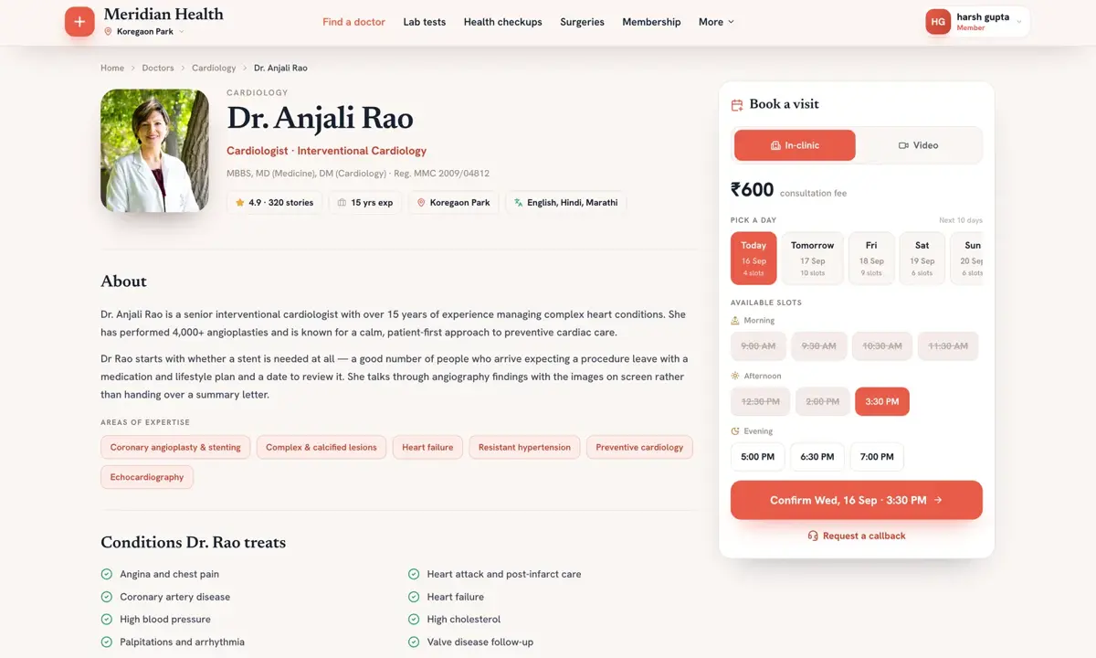 Cardiologist profile page with qualifications, consultation fee and available appointment slots