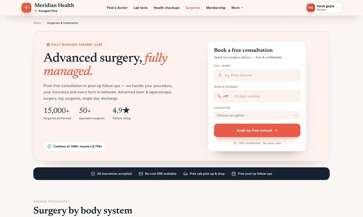 Surgeries and treatments catalogue with transparent pricing and enquiry options