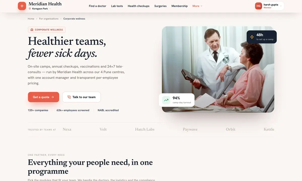 Corporate wellness storefront where companies request employee health packages and a quote