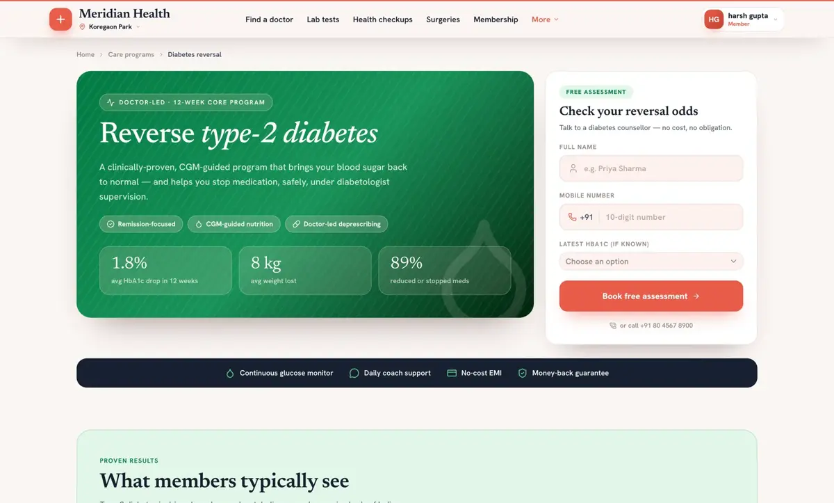 Diabetes reversal care programme page with plan details, duration and enrolment